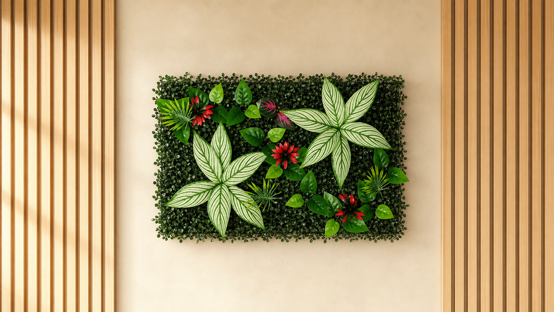 Panneau de mur végétal artificiel fleuri – Tropical 40 × 60 cm